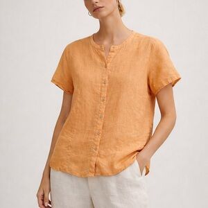 Eileen Fisher Orange Linen Button Front Top Short Sleeve PS 100% Irish Linen